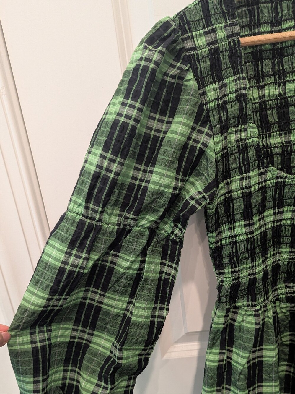 Ganni Green Black Plaid Smocked Maxi Dress Size 34 Cotton Europe Summer Long - Picture 5 of 10